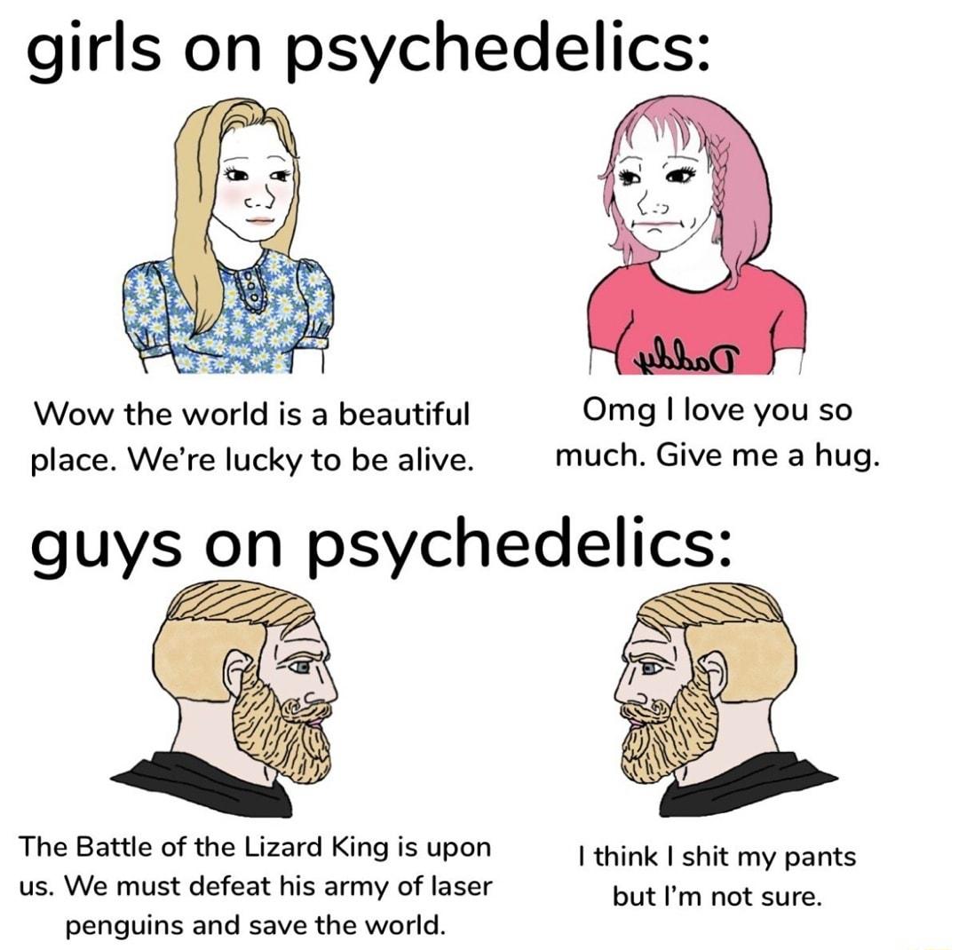 girls on psychedelics Wow the world is a beautiful Omg love you so place Were lucky to be alive much Give me a hug guys on psychedelics The Battle of the Lizard King is upon I think shit my pants us We must defeat his army of laser but i not sure penguins and save the world
