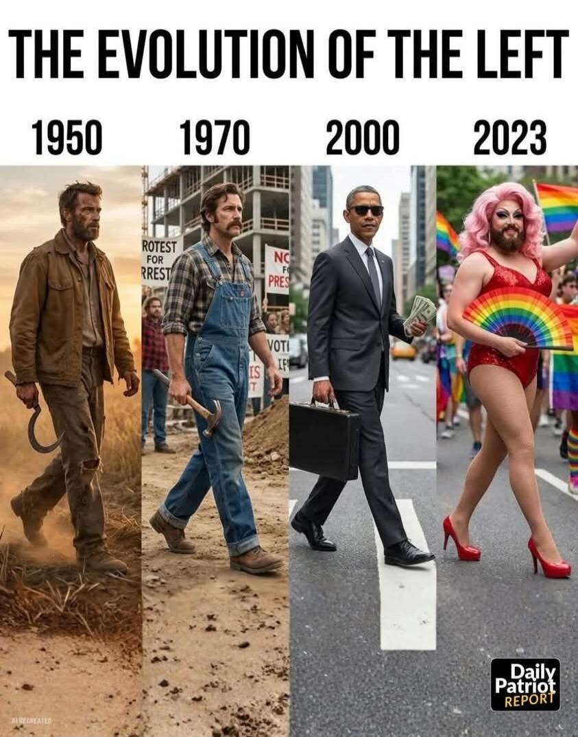 THE EVOLUTION OF THE LEFT 1950 1970 2000 2023 PROTEST FOR ARREST NO FREE PRESS VOTI ES IF Daily Patriot Report AI CREATED