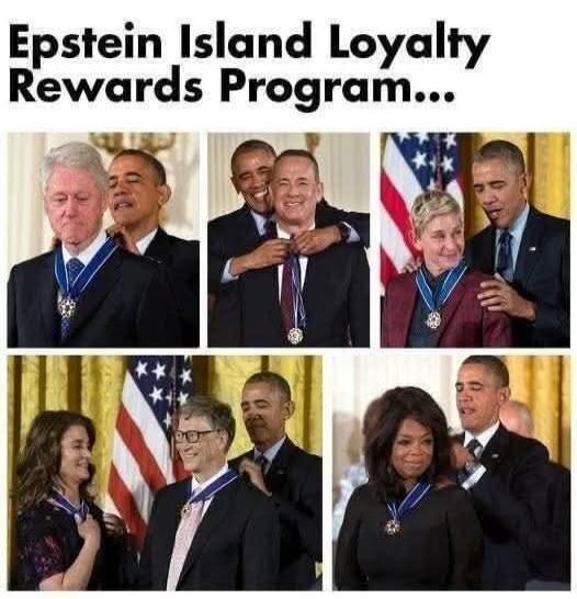 Epstein Island Loyalty Rewards Program... A collage showing Barack Obama presenting medals to Bill Clinton, Tom Hanks, Ellen DeGeneres, Bill Gates, and Oprah Winfrey.
