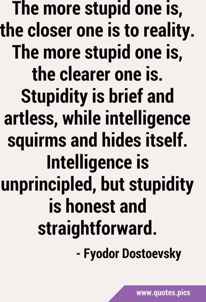 The more stupid one is, the closer one is to reality. The more stupid one is, the clearer one is. Stupidity is brief and artless, while intelligence squirms and hides itself. Intelligence is unprincipled, but stupidity is honest and straightforward. - Fyodor Dostoevsky