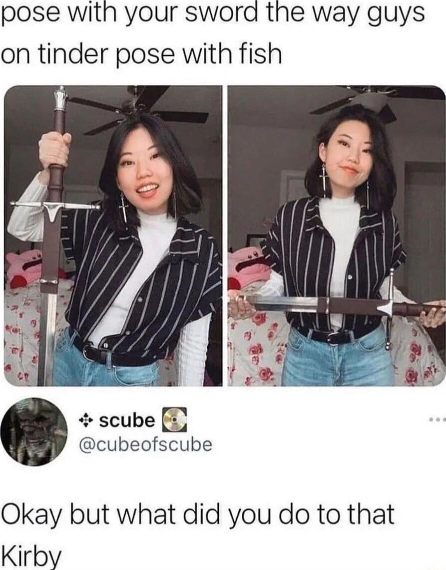 pose with your sword the way guys on tinder pose with fish scube cubeofscube Okay but what did you do to that Kirby
