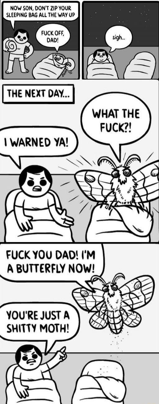 Now son, don't zip your sleeping bag all the way up

Fuck off, Dad!

sigh...

The next day...

What the fuck?!

I warned ya!

Fuck you Dad! I'm a butterfly now!

You're just a shitty moth!