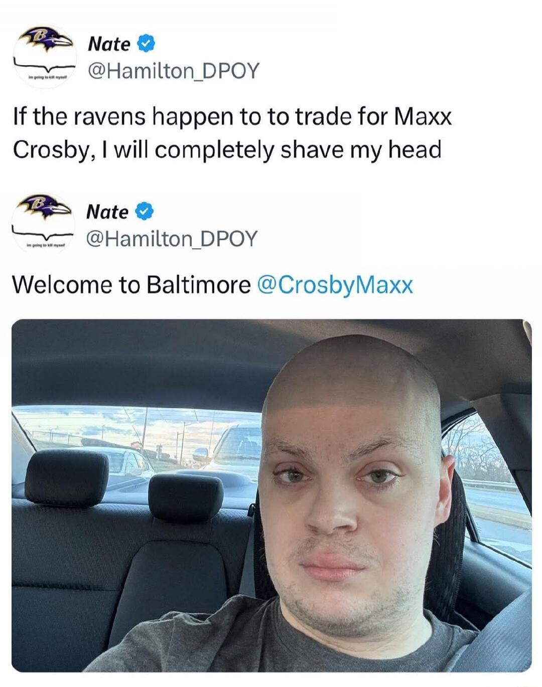 If the ravens happen to to trade for Maxx Crosby, I will completely shave my head. Welcome to Baltimore @CrosbyMaxx