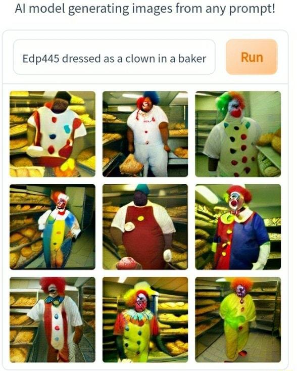 Al model generating images from any prompt Edp445 dressed as a clown in a baker