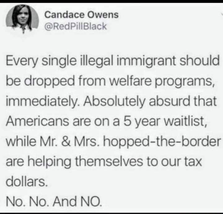 Candace Owens RedPillBlack Every single illegal immigrant should be dropped from welfare programs immediately Absolutely absurd that Americans are on a 5 year walitlist while Mr Mrs hopped the border are helping themselves to our tax dollars No No And NO