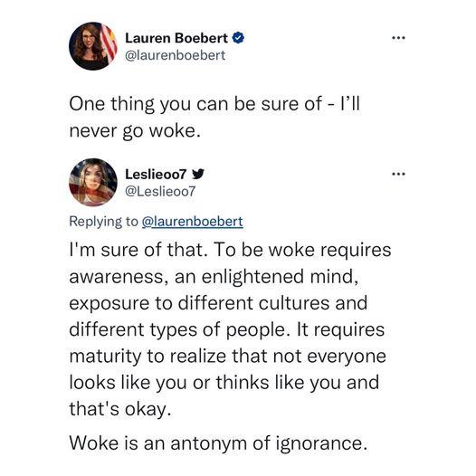 Lauren Boebert laurenboebert One thing you can be sure of Ill never go woke Leslieoo Leslieoo Replying to laurenboebert Im sure of that To be woke requires awareness an enlightened mind exposure to different cultures and different types of people It requires maturity to realize that not everyone looks like you or thinks like you and thats okay Woke is an antonym of ignorance