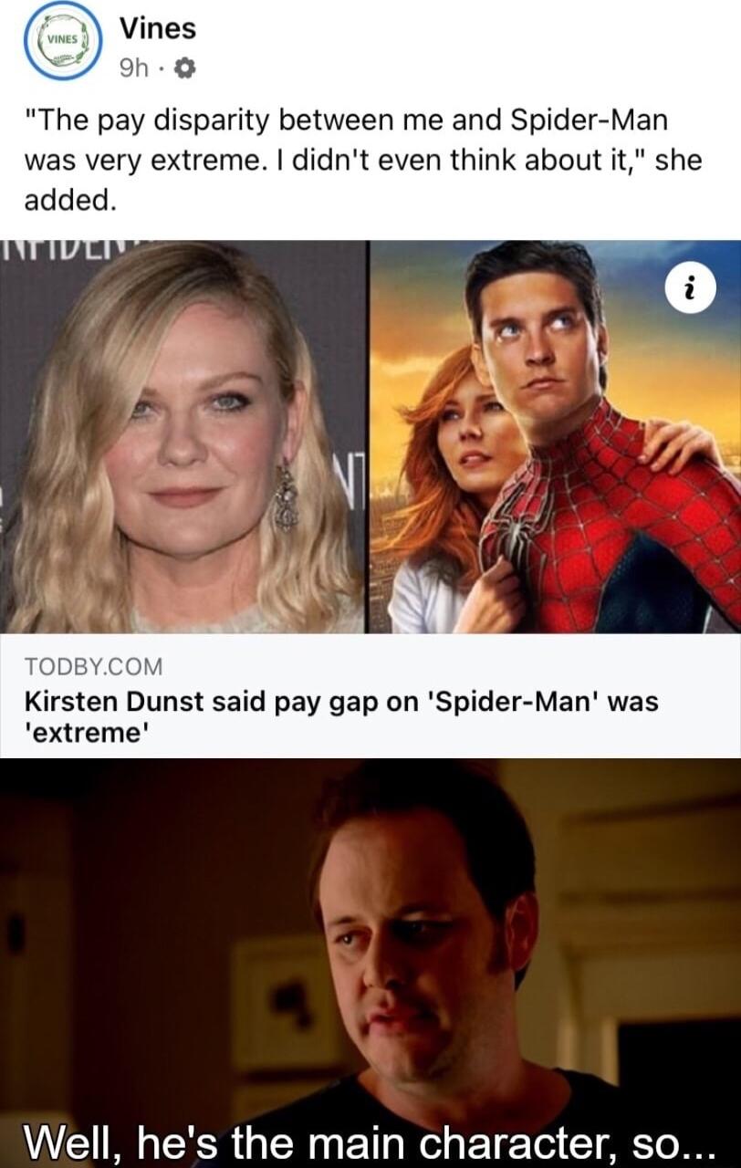 The pay disparity between me and Spider Man was very extreme didnt even think about it she added DBYCOM Kirsten Dunst said pay gap on Spider Man was extreme Well hes the main character so