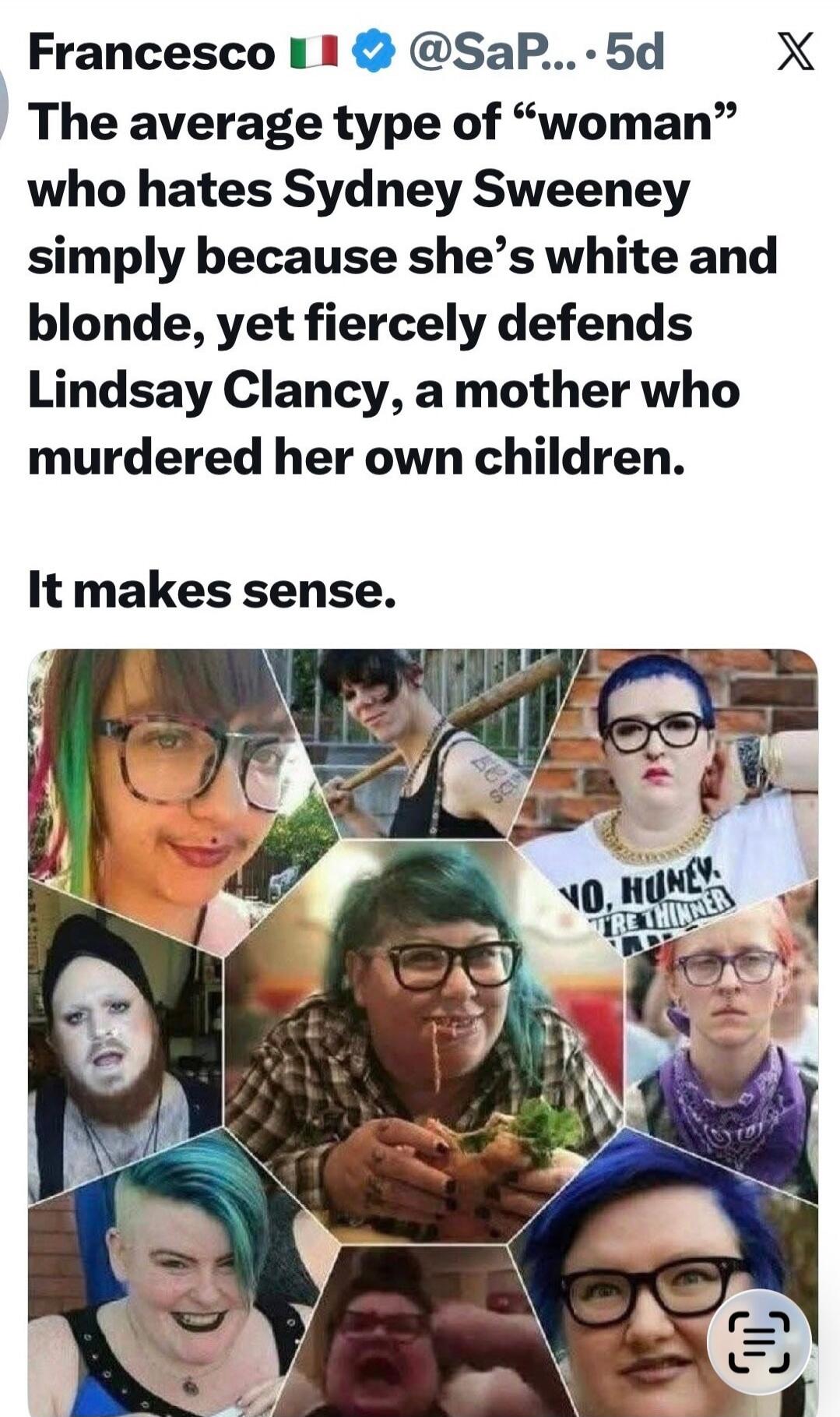 Francesco 🇮🇹 🇺🇦 @SaP... 5d The average type of 'woman' who hates Sydney Sweeney simply because she's white and blonde, yet fiercely defends Lindsay Clancy, a mother who murdered her own children. It makes sense.