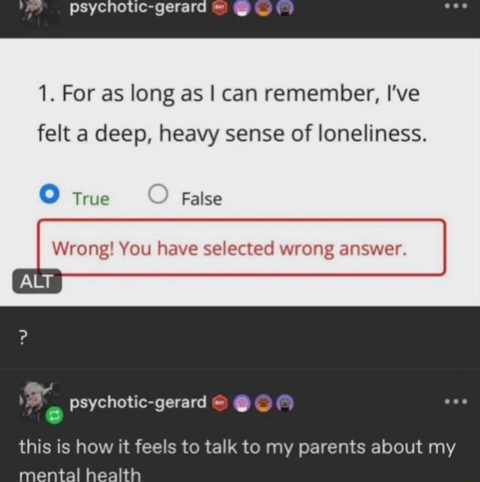 psychotic geral 1 For as long as can remember Ive felt a deep heavy sense of loneliness O True False psychotic gerard M this is how it feels to talk to my parents about my