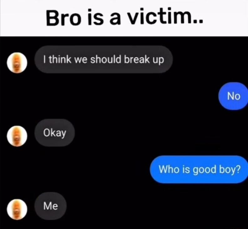 Brois a victim 1 think we should break up Okay Me