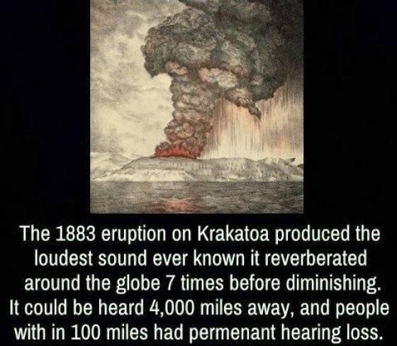 P The 1883 eruptlon on Krakatoa produced the loudest sound ever known it reverberated ELG RO R AT E T ER T T T It could be heard 4000 miles away and people with in 100 miles had permenant hearing loss