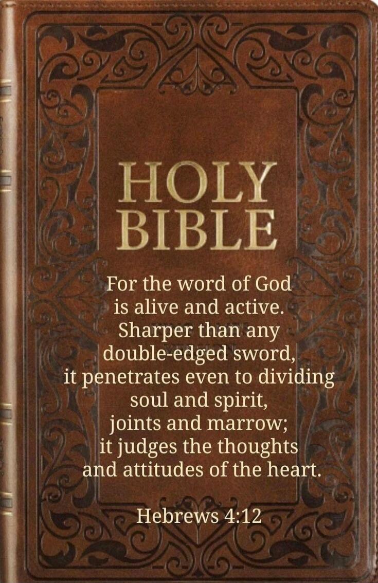HOLY BIBLE For the word of God is alive and active. Sharper than any double-edged sword, it penetrates even to dividing soul and spirit, joints and marrow; it judges the thoughts and attitudes of the heart. Hebrews 4:12