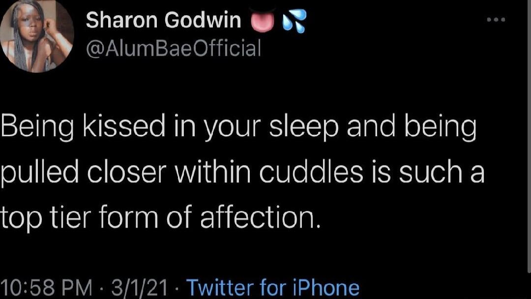 Sharon Godwin Y AlumBaeOfficial SIS To RIaRY o W TToRTale N oJT a1 pulled closer within cuddles is such a top tier form of affection 1058 PM 3121 Twitter for iPhone