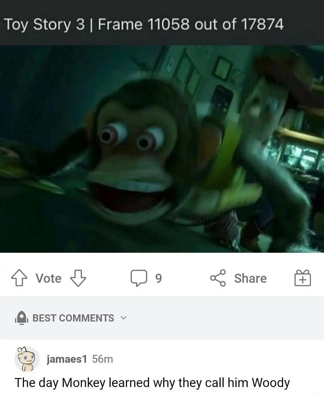 Toy Story 3 Frame 11058 out of 17874 jamaes1 56m The day Monkey learned why they call him Woody