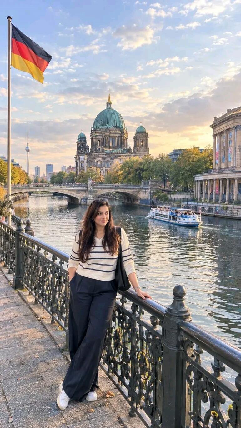 A woman stands by a river in Berlin, with the Berlin Cathedral, TV Tower, and a German flag visible in the background. A boat is on the water.