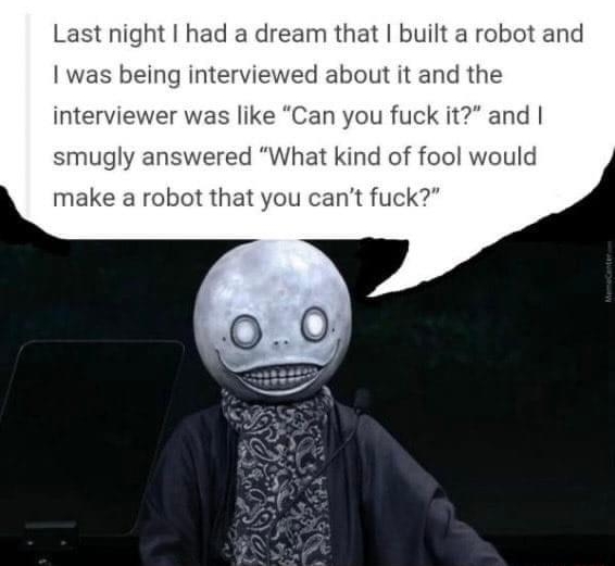 homohustle Last night had a dream that built a robot and was being interviewed about it and the interviewer was like Can you fuck it and smugly answered What kind of fool would make a robot that you cant fuck