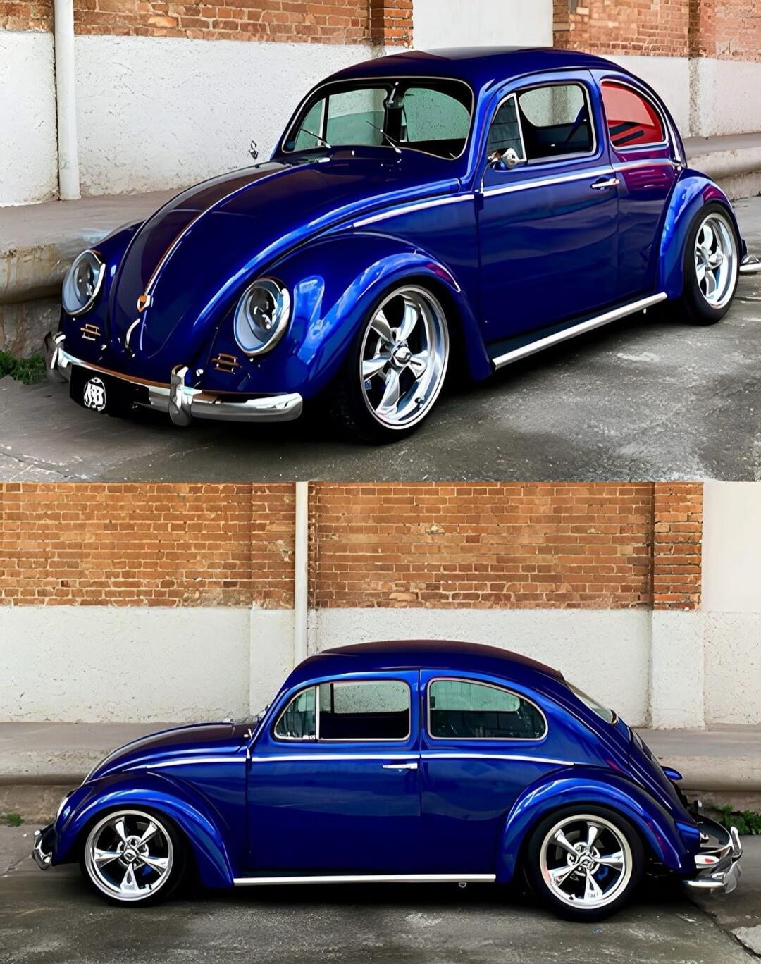 Blue classic Volkswagen Beetle car, glossy purple-blue finish, custom alloy wheels, chrome bumpers. Shown from front three-quarter view and side profile.