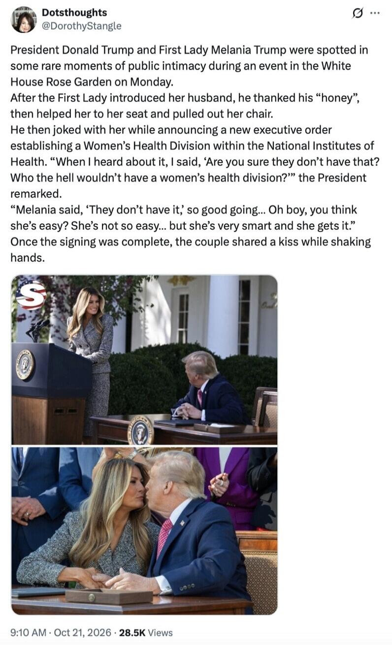 Dotsthoughts @DorothyStangle President Donald Trump and First Lady Melania Trump were spotted in some rare moments of public intimacy during an event in the White House Rose Garden on Monday. After the First Lady introduced her husband, he thanked his “honey”, then helped her to her seat and pulled out her chair. He then joked with her while announ