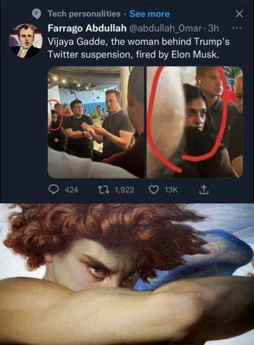 Tech personalities See more X o Farrago Abdullah abdullah Omar 3h AUEVENCEREERUERTEIEL IR T TR Twitter suspension fired by Elon Musk o Qa N2 OBk