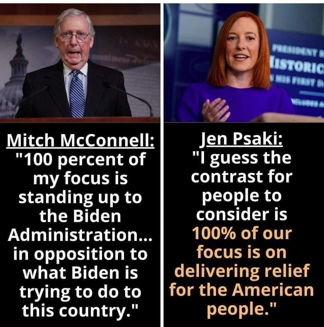 Mitch McConnell Jen Psaki 100 percent of l guess the L AT TR o 14 1 A og standing up to people to the Biden o EYe T S Administration 100 of our in opposition to T TER T HETR GRS delivering relief trying to do to for the American this country people
