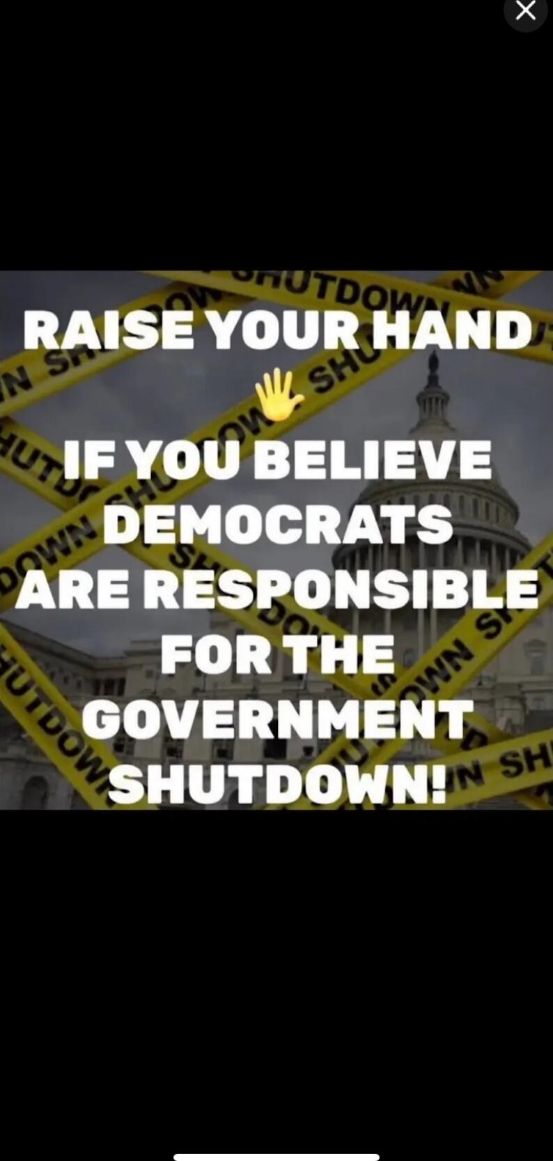 RAISE YOUR HAND IF YOU BELIEVE DEMOCRATS ARE RESPONSIBLE FOR THE GOVERNMENT SHUTDOWN!
