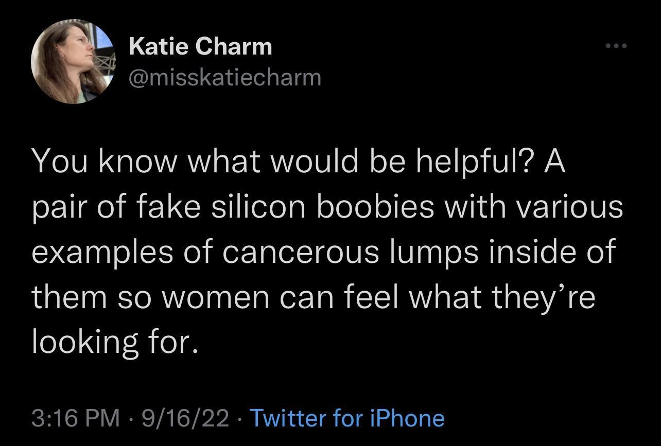 Katie Charm ChESENE Bl You know what would be helpful A P REUCESofeTa W olele ISRV AV IV examples of cancerous lumps inside of them so women can feel what theyre looking for 316 PM 91622 Twitter for iPhone