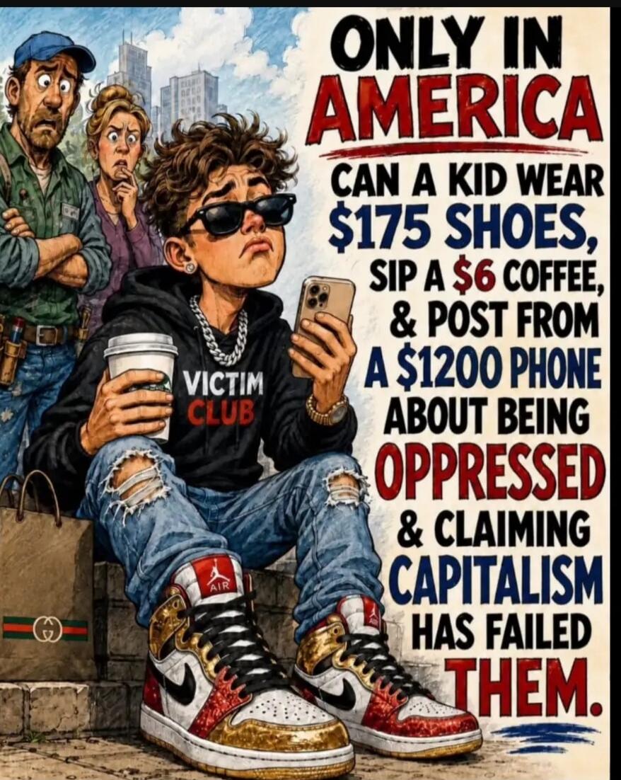 ONLY IN AMERICA CAN A KID WEAR $175 SHOES, SIP A $6 COFFEE, & POST FROM A $1200 PHONE ABOUT BEING OPPRESSED & CLAIMING CAPITALISM HAS FAILED THEM. The young person is wearing a hoodie with 'VICTIM CLUB' written on it and Air Jordan shoes. There is also a Gucci shopping bag visible.