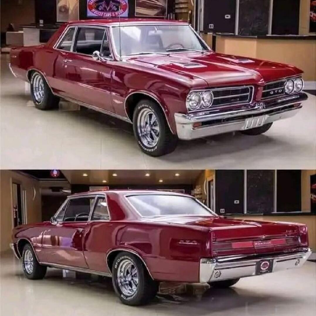 Red classic muscle car on display, two angles showing front and rear views.