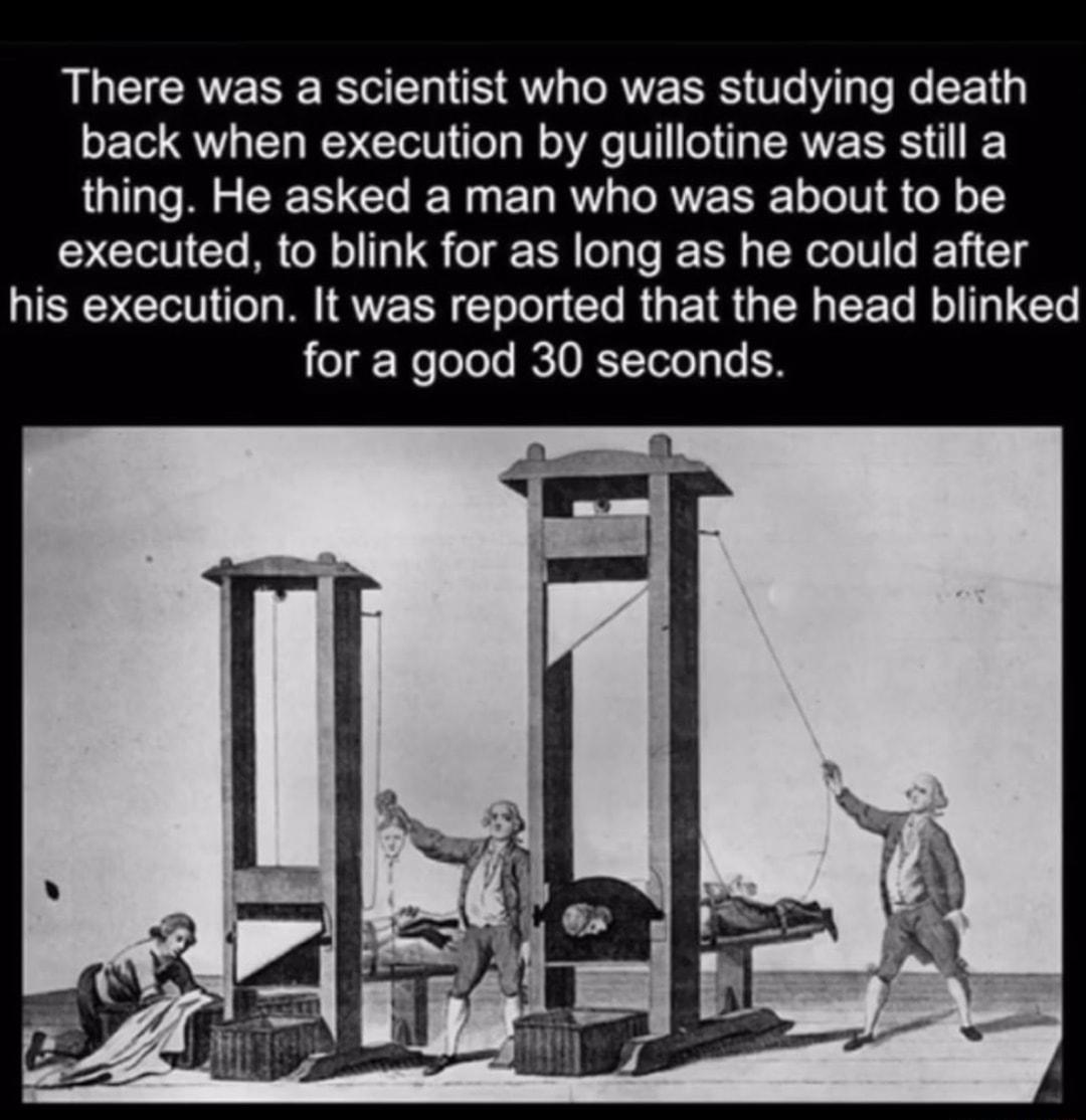 There was a scientist who was studying death back when execution by guillotine was still a thing He asked a man who was about to be executed to blink for as long as he could after ST CTTTT N R CT L C RGBTSR EEL R EN for a good 30 seconds