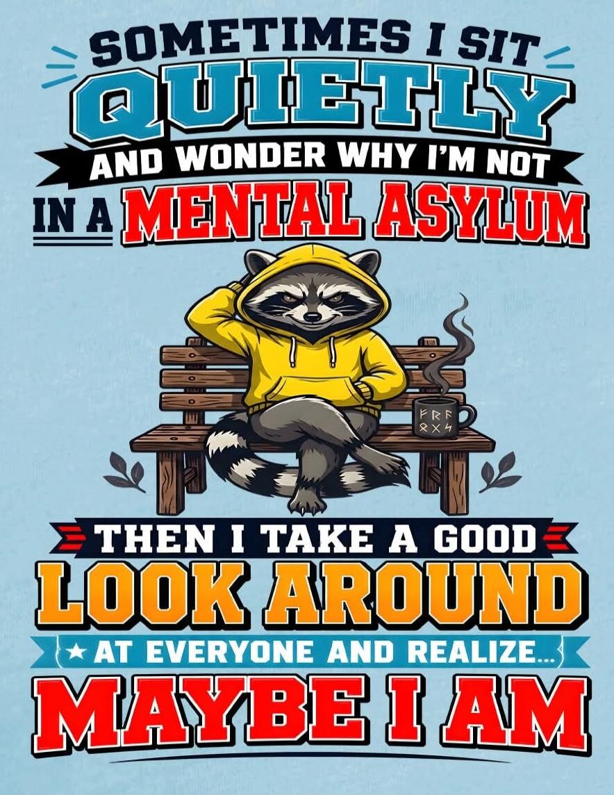 SOMETIMES I SIT QUIETLY AND WONDER WHY I'M NOT IN A MENTAL ASYLUM THEN I TAKE A GOOD LOOK AROUND AT EVERYONE AND REALIZE... MAYBE I AM