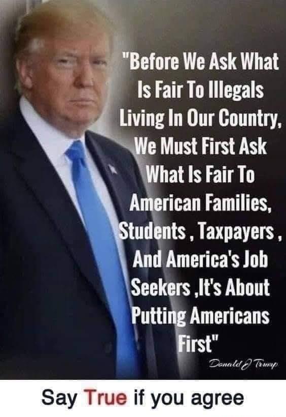 Before We Ask What IsFairTo lllegals Living In Our Country Must First Ask hat Is Fair To Angeriean Z T WStudents Taxpayers And Americas Job Seekers Its About Putting Americans irst Tonalel Tewyp Say True if you agree