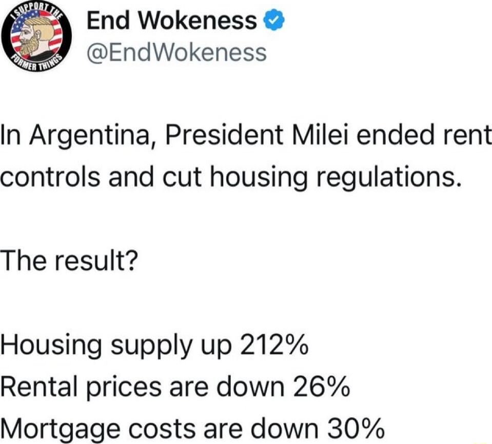 End Wokeness EndWokeness In Argentina President Milei ended rent controls and cut housing regulations The result Housing supply up 212 Rental prices are down 26 Mortgage costs are down 30