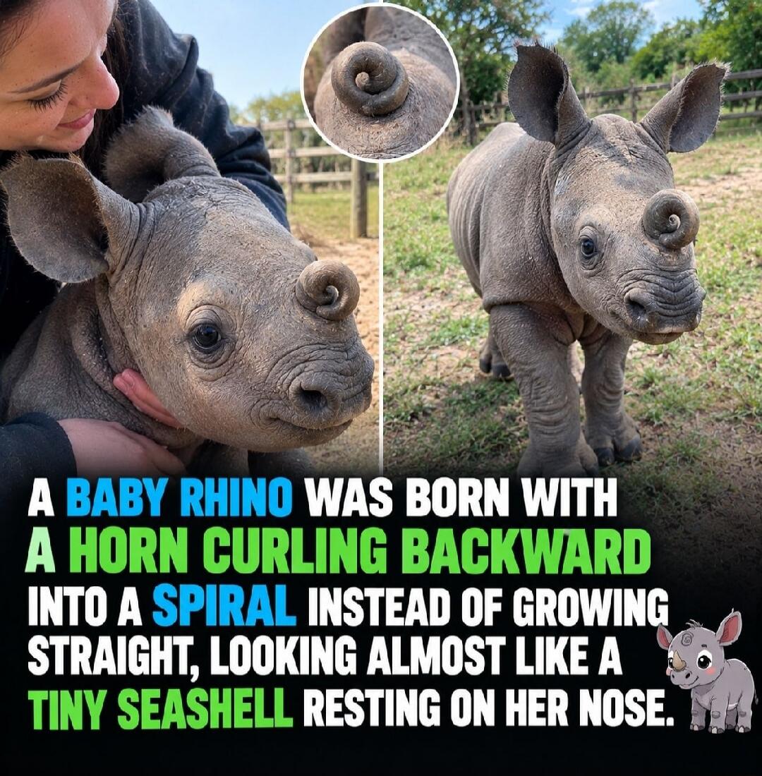 A BABY RHINO WAS BORN WITH A HORN CURLING BACKWARD INTO A SPIRAL INSTEAD OF GROWING STRAIGHT, LOOKING ALMOST LIKE A TINY SEASHELL RESTING ON HER NOSE.