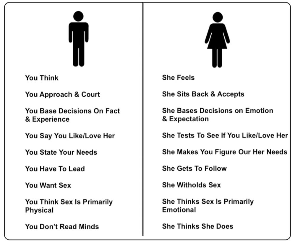 You Think You Approach & Court You Base Decisions On Fact & Experience You Say You Like/Love Her You State Your Needs You Have To Lead You Want Sex You Think Sex Is Primarily Physical You Don't Read Minds She Feels She Sits Back & Accepts She Bases Decisions on Emotion & Expectation She Tests To See If You Like/Love Her She Makes You Figure Our Her