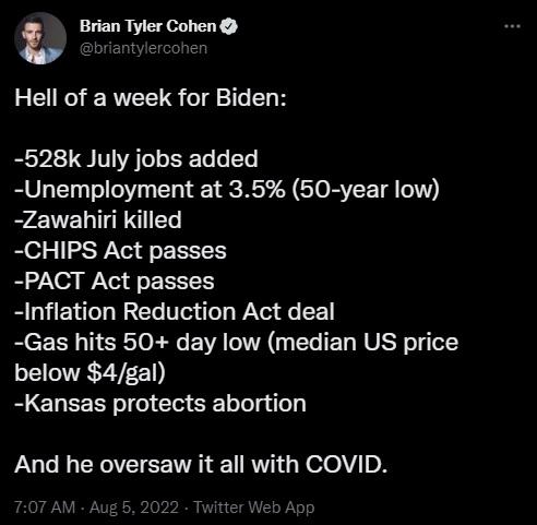 L Brian Tyler Cohen Hell of a week for Biden 528k July jobs added Unemployment at 35 50 year low Zawahiri killed CHIPS Act passes PACT Act passes Inflation Reduction Act deal Gas hits 50 day low median US price EEZYEE Kansas protects abortion LU EYAECE TR R N eelY 0