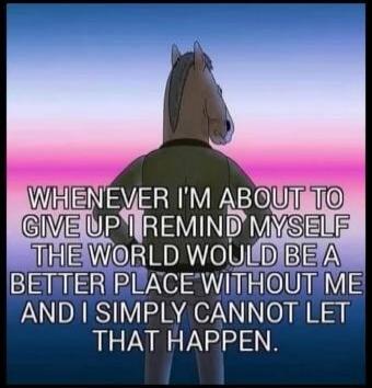 WHENEVER I'M ABOUT TO GIVE UP I REMIND MYSELF THE WORLD WOULD BE A BETTER PLACE WITHOUT ME AND I SIMPLY CANNOT LET THAT HAPPEN.