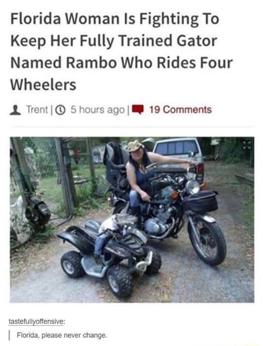 Florida Woman Is Fighting To Keep Her Fully Trained Gator Named Rambo Who Rides Four Wheelers A Trent 5 hours ago 19 Comments tastetullyoftensive Florida please never change