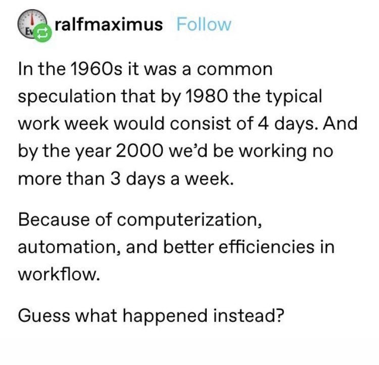 ralfmaximus Follow In the 1960s it was a common speculation that by 1980 the typical work week would consist of 4 days And by the year 2000 wed be working no more than 3 days a week Because of computerization automation and better efficiencies in workflow Guess what happened instead