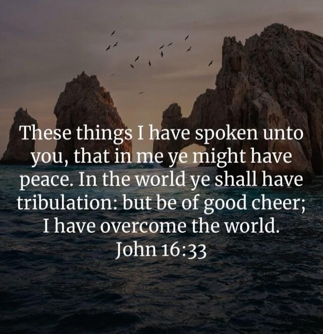 These things I have spoken unto you, that in me ye might have peace. In the world ye shall have tribulation: but be of good cheer; I have overcome the world. John 16:33