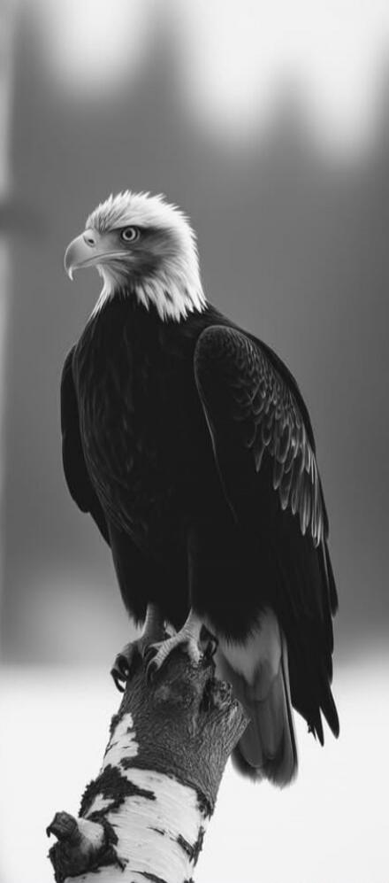 A black-and-white photograph of a bald eagle perched on a branch.
