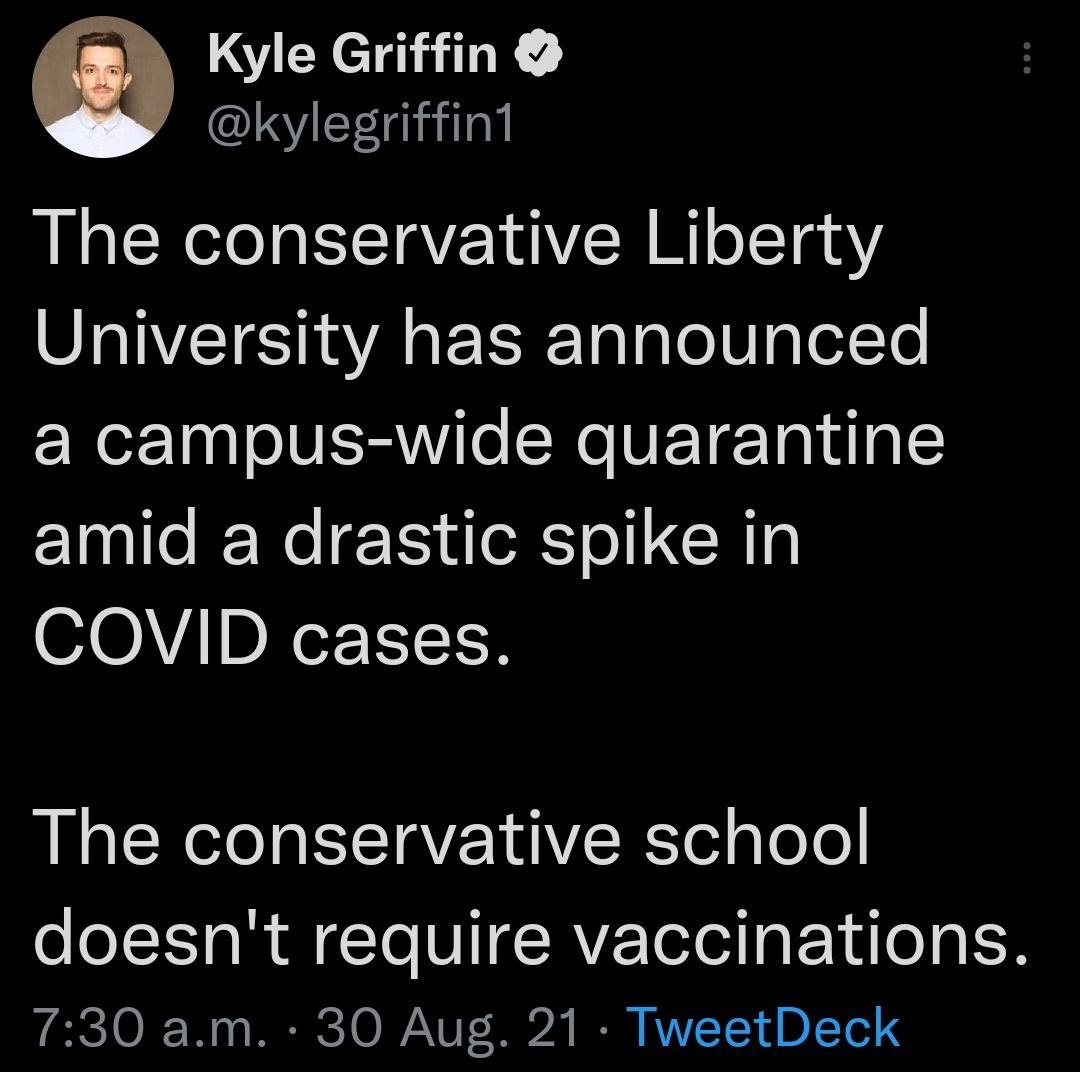 Kyle Griffin Yl The conservative Liberty University has announced Xer 10a VR iTe SXe VET 10N a1 amid a drastic spike in COVID cases The conservative school doesnt require vaccinations FARCTO 1 RO VAU T 2 O RVYT1 4 D ITod X