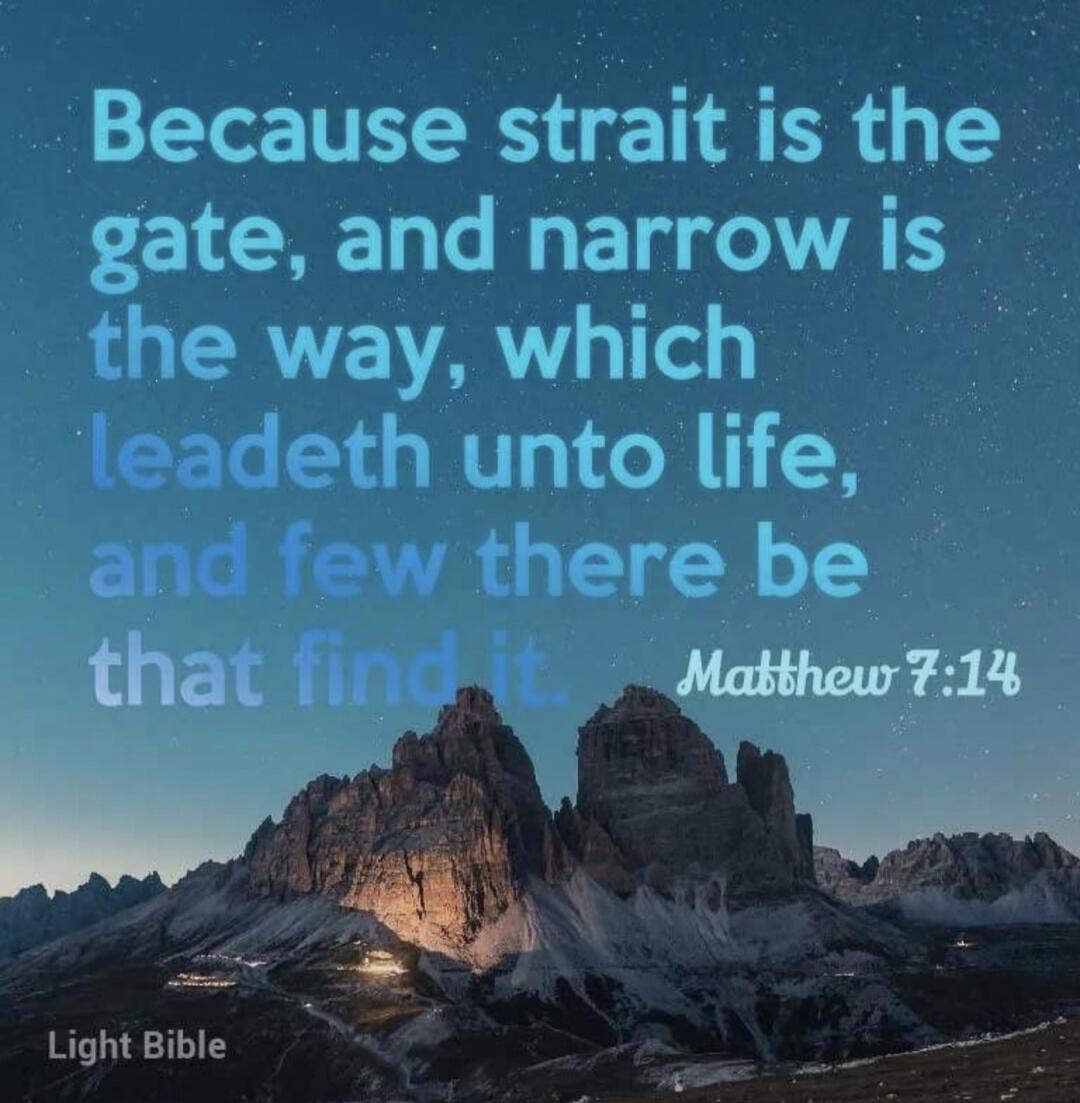 Because strait is the gate, and narrow is the way, which leadeth unto life, and few there be that find it. Matthew 7:14 Light Bible