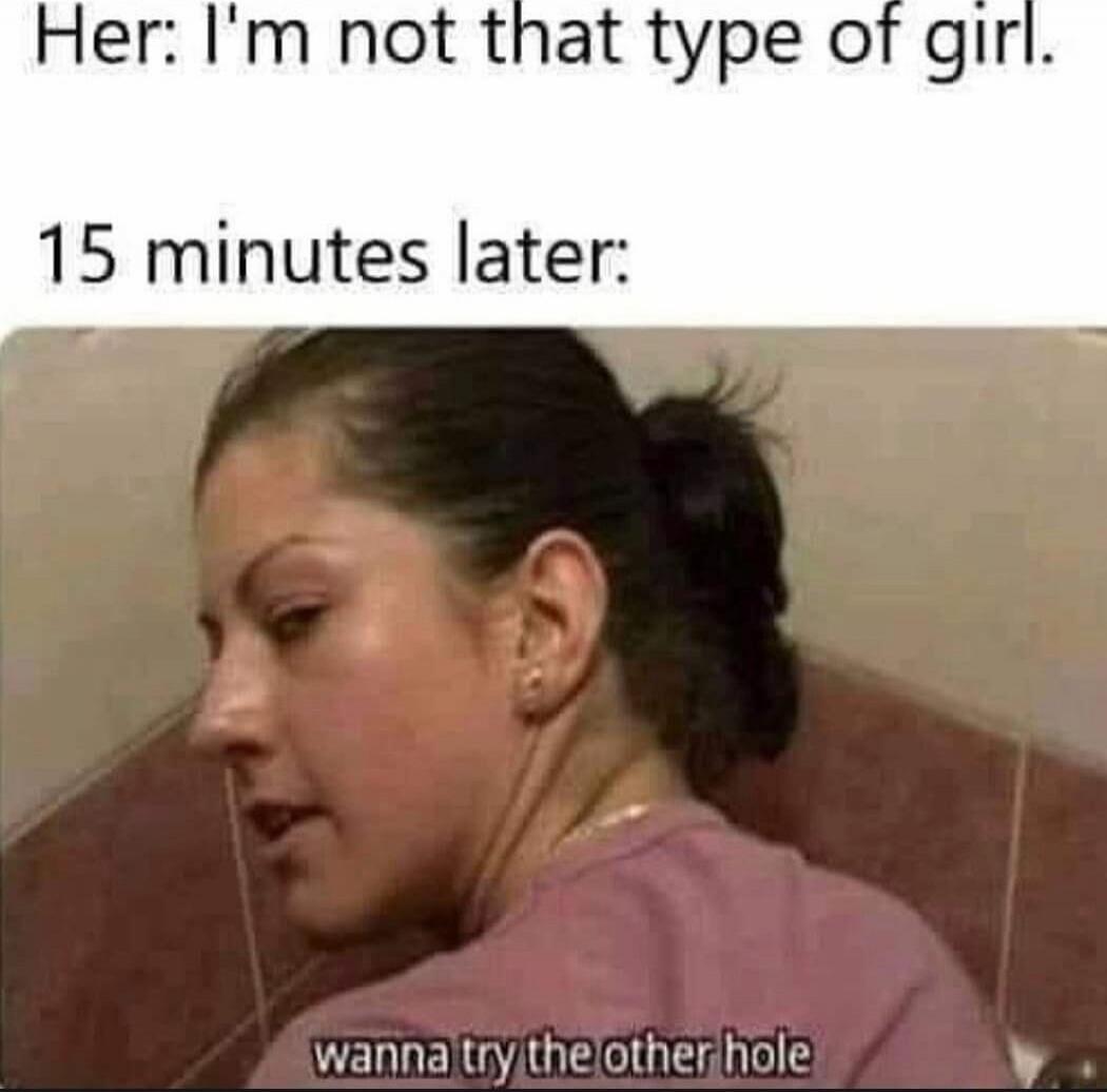 Her: I'm not that type of girl. 15 minutes later: wanna try the other hole