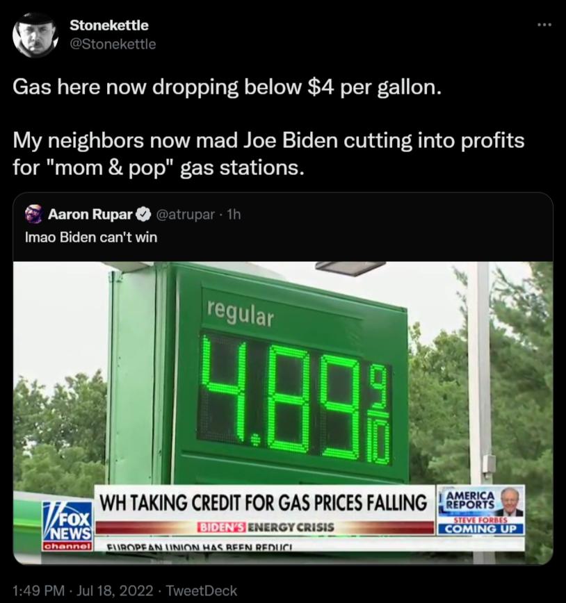 w Stonekettie Gas here now dropping below 4 per gallon My neighbors now mad Joe Biden cutting into profits for mom pop gas stations Aaron Rupar Imao Biden cant win WH TAKING CREDIT FOR GAS PRICES FALLNG X anoycuisis m