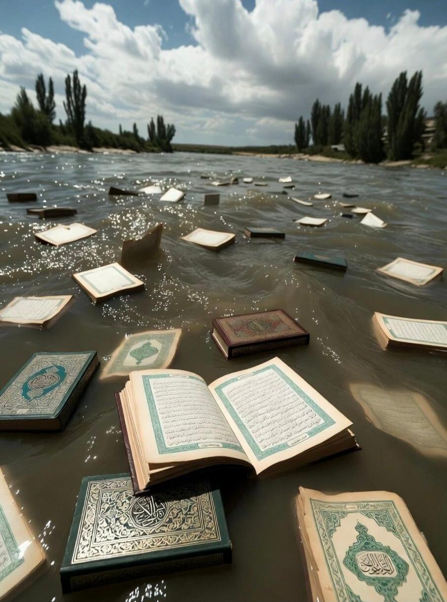 Numerous books, many appearing to be religious texts with ornate covers and Arabic script, are floating in a body of water. Some books are open, showing pages with Arabic writing.