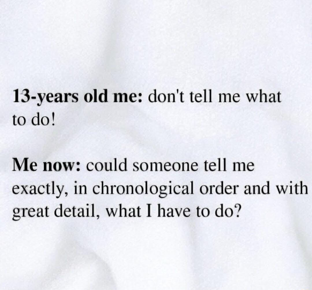 13 years old me dont tell me what to do Me now could someone tell me exactly in chronological order and with great detail what I have to do