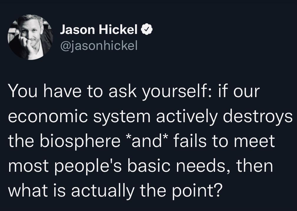 A jason Hickel IERealalle l You have to ask yourself if our economic system actively destroys 4alR o e XY o aL TE TrTale W TI SR o Mg ToTs most peoples basic needs then what is actually the point