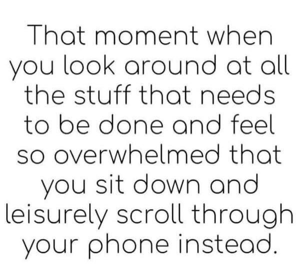 That moment when you look around at all the stuff that needs to be done and feel so overwhelmed that you sit down and leisurely scroll through your phone instead.