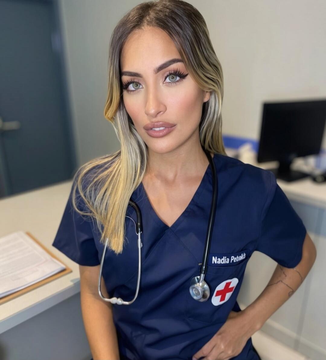 Nurse in navy scrubs with stethoscope around the neck and a Red Cross badge on the chest. Name tag is partially readable but not fully clear.