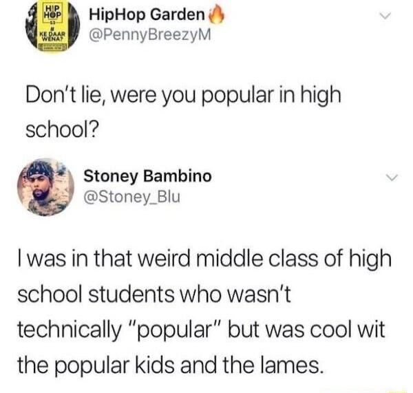 HipHop Garden PennyBreezyM Dont lie were you popular in high school Stoney Bambino 1 Stoney_Blu was in that weird middle class of high school students who wasnt technically popular but was cool wit the popular kids and the lames